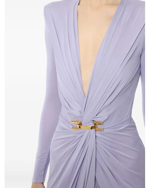 Elisabetta Franchi Purple V-Neck Draped Maxi Dress