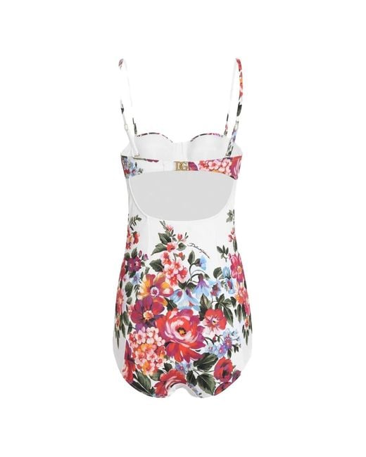 Dolce & Gabbana White Flower Bouquet-Print Balconette One-Piece Swimsuit