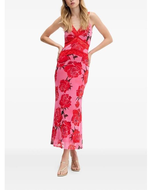 Never Fully Dressed Red Lace-Detail Floral Maxi Dress