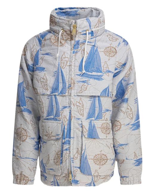 Beams Plus Blue Nautical-Print Hooded Jacket for men