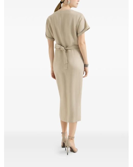 Brunello Cucinelli Natural Viscose And Linen Fluid Twill Wrap-Effect Dress With Monili