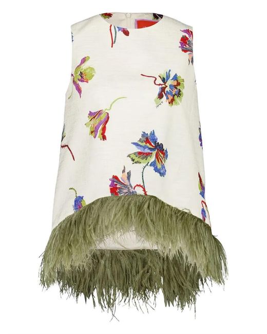 LaDoubleJ Green Feather-Trim Floral-Print Top