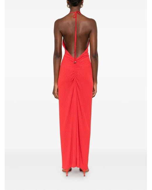 ROSERRY Red Halterneck Rose-Embellished Maxi Dress