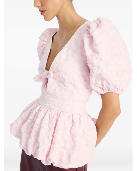 ROTATE BIRGER CHRISTENSEN Pink Jacquard Puff Sleeve Top