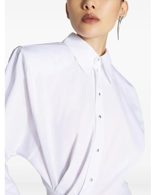 Mugler White Padded-Shoulder Asymmetrical Shirt Dress