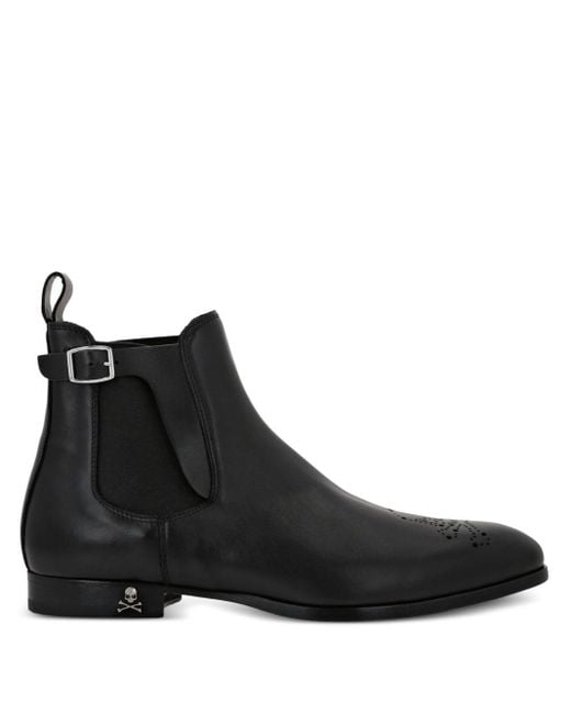 Philipp Plein Black Skull-appliqué Leather Boots for men