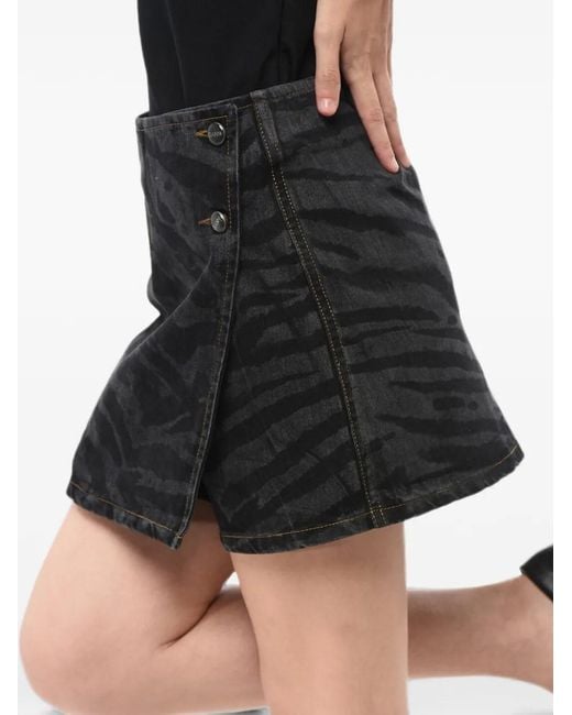 Ganni Black Animal-Print Wrap Mini Skirt