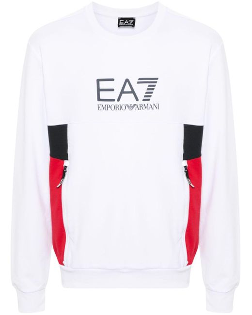 EA7 White Logo-print Cotton Sweatshirt for men