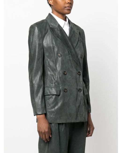 Brunello Cucinelli Black Leather Double-Breasted Jacket