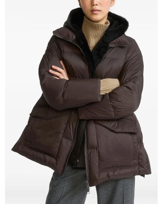 Yves Salomon Brown A-Line Shearling-Panel Down Coat