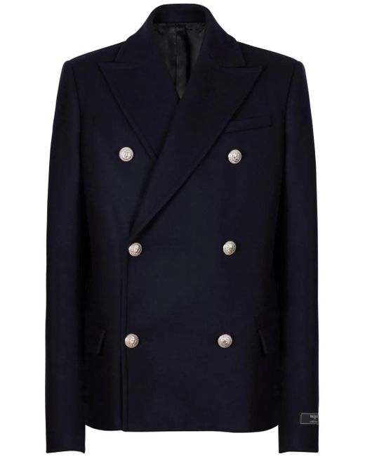 Balmain Blue Double-Breasted Coat With Logo Buttons for men