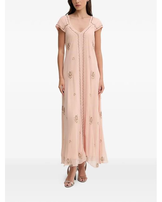 INTROPIA Pink Saty Beaded V-Neck Midi Dress