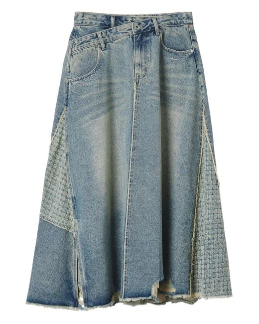 Musium Div. Blue Patchwork-Effect Frayed Denim Skirt