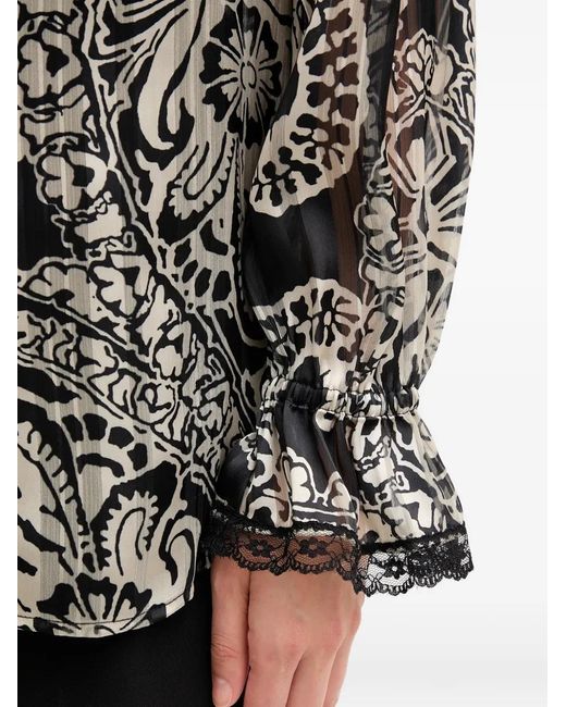 MARC AUREL Gray Paisley Lace Trim Blouse