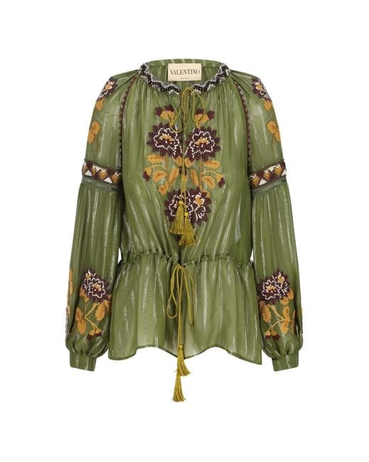 Valentino Garavani Green Floral Bead-Embellished Blouse