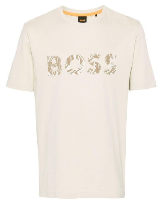 Camiseta con logo estampado Boss de hombre de color Natural