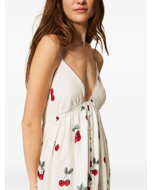 Twinset White Cherry-Print Lace Long Dress
