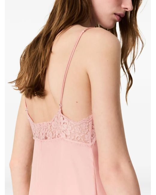 Stella McCartney Pink Robe Mi-Longue En Soie À Bords En Dentelle
