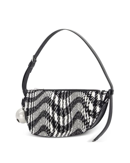 Burberry White Mini Shield Houndstooth-Pattern Half-Moon Bag