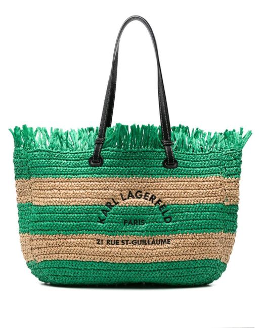 Karl Lagerfeld Green Striped Interwoven Beach Bag