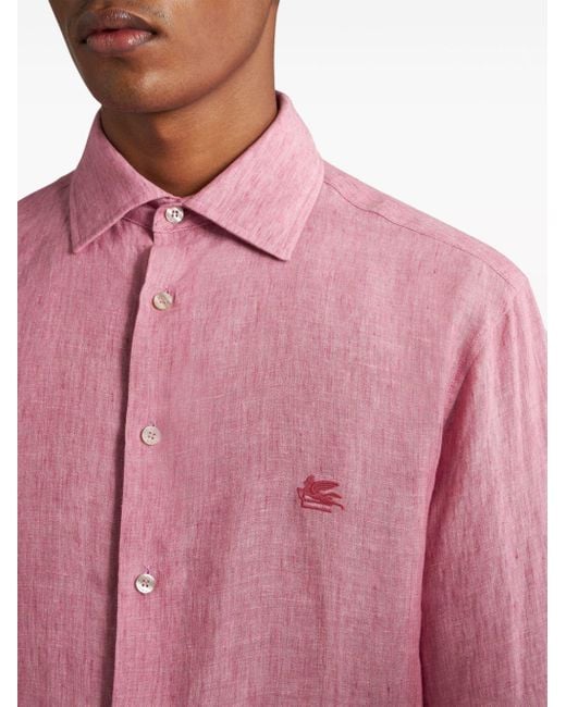 Etro Leinenhemd mit Pegaso-Stickerei in Pink für Herren