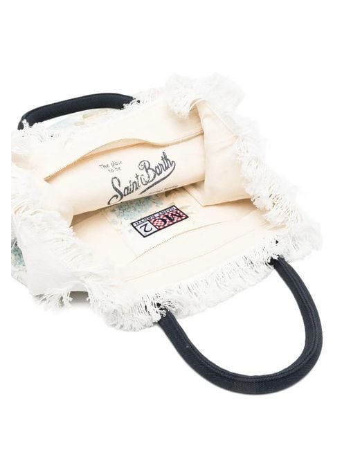 Mc2 Saint Barth White Vanity Floral-Print Frayed-Edges Tote Bag