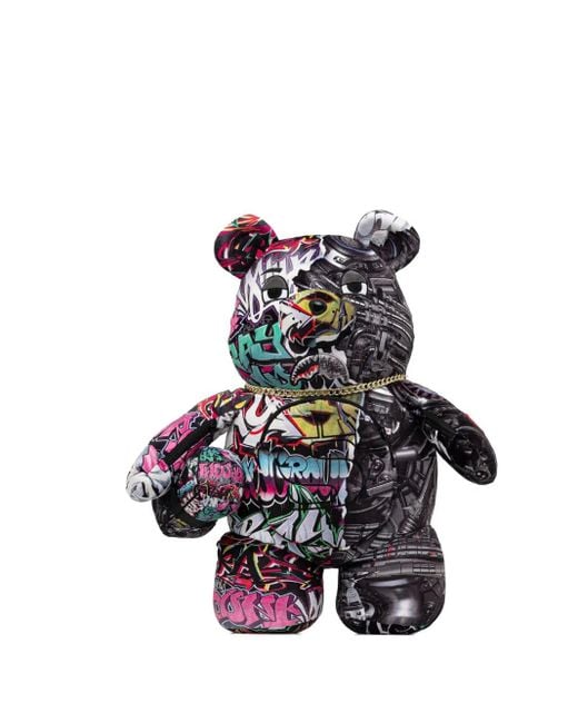 Sprayground White Graffiti-Print Bear-Shape Backpack