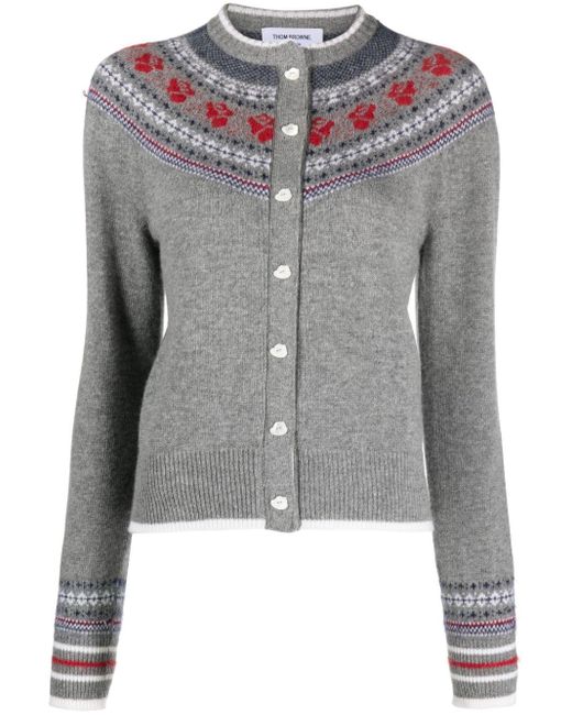 Thom Browne Gray Rose Icelandic Fair-Isle Intarsia Cardigan