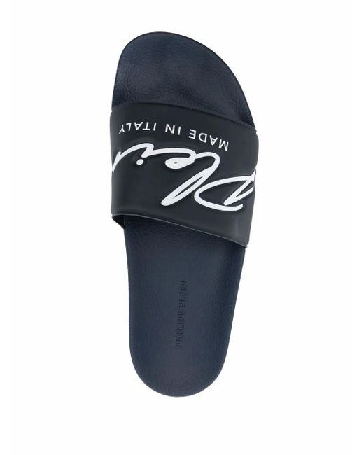 Philipp Plein Blue Embossed Logo Slides
