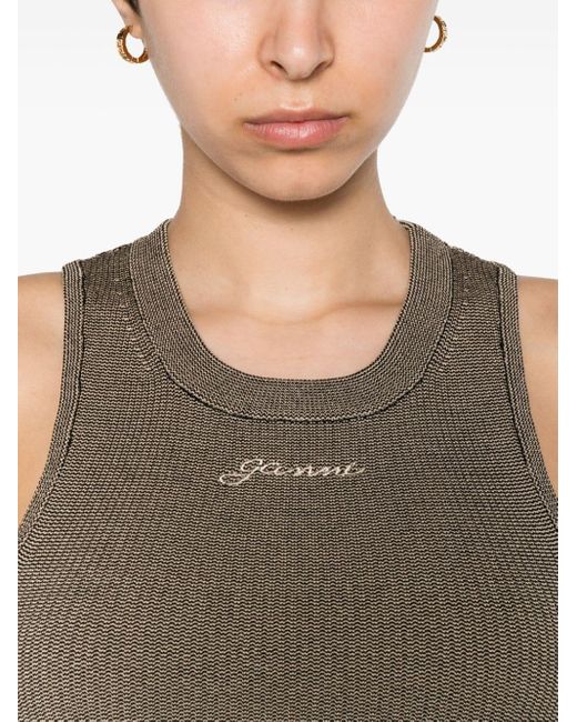 Ganni Brown Logo-embroidered Knitted Tank Top
