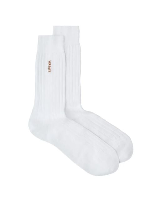 Versace White Embroidered Cotton Ribbed Socks for men