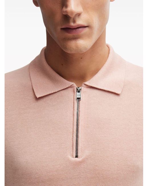 Boss Pink Zip-neck Linen-blend Polo Shirt for men