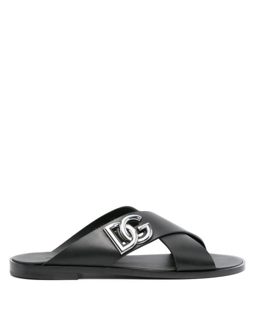 Dolce & Gabbana Black Logo-Lettering Leather Slides for men