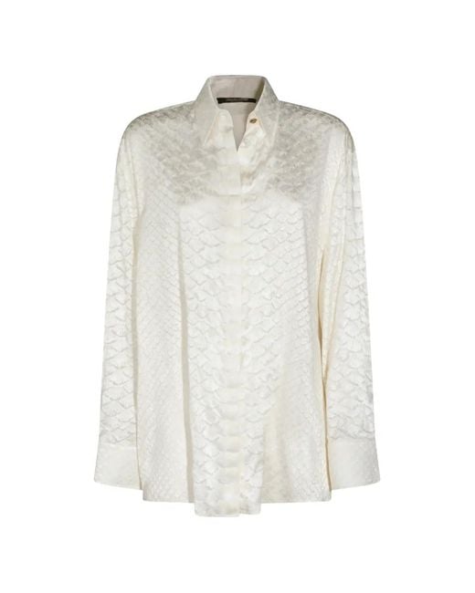 Roberto Cavalli White Wide Viscose And Silk Blend Shirt With Flocked Serpentine Print