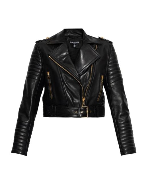 Chaqueta De Piel Con Cremallera Asimétrica Balmain de color Black