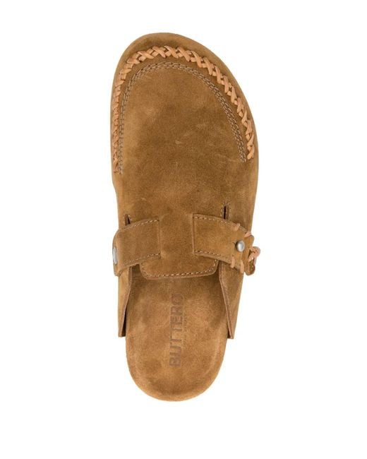 Buttero Brown Decorative-Stitching Suede Slippers for men