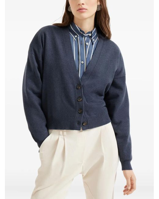 Brunello Cucinelli Blue Button-Front Cashmere Cardigan