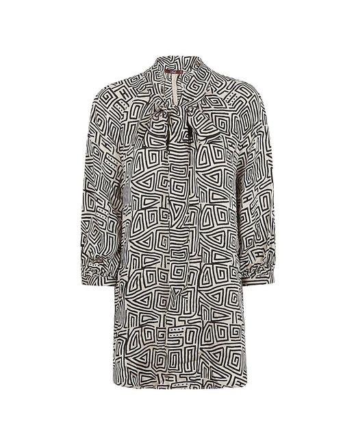 OBIDI Gray Geometric Print Tie-Neck Blouse