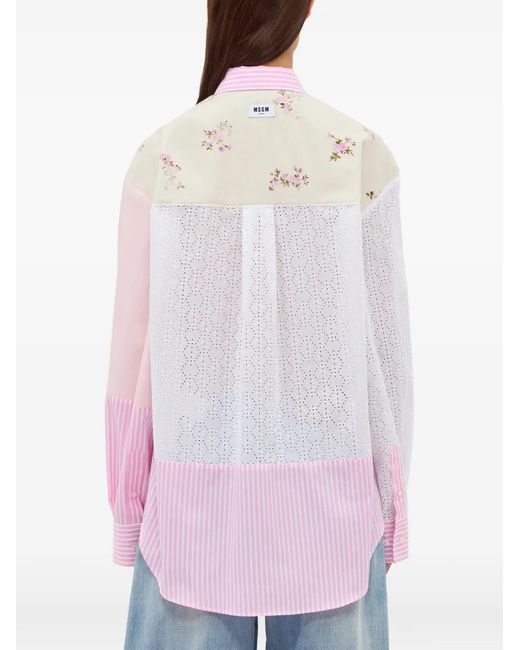MSGM Pink Striped-Pattern Floral-Print Shirt