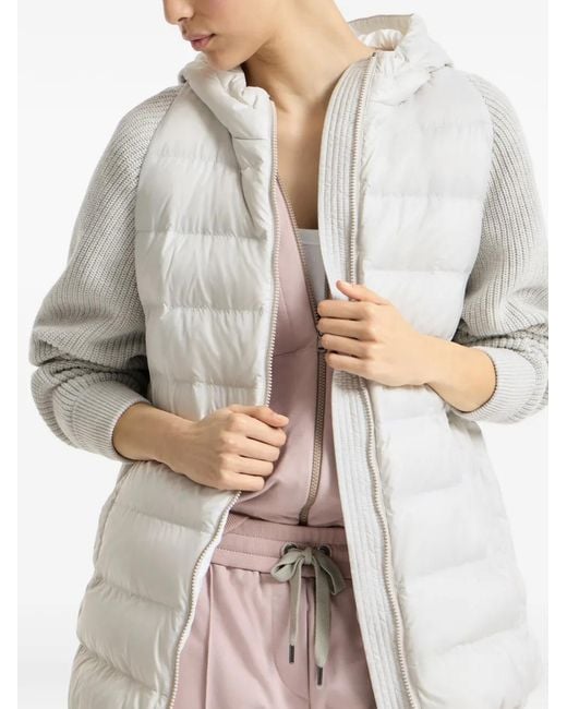 Brunello Cucinelli White Hooded Knit-Sleeve Jacket