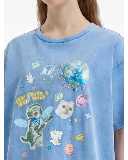 Mini Cream Blue Graphic-Print T-Shirt