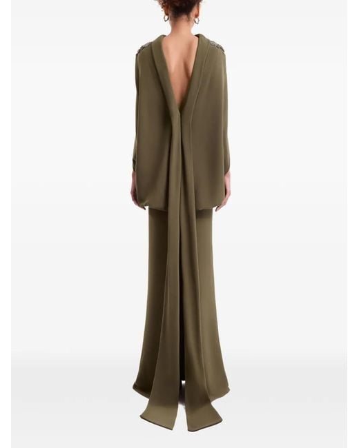 Gemy Maalouf Green Beaded-Shoulder High-Neck Dress