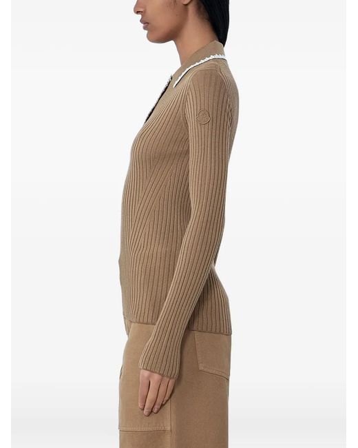 Moncler Natural Ribbed Button Polo Top