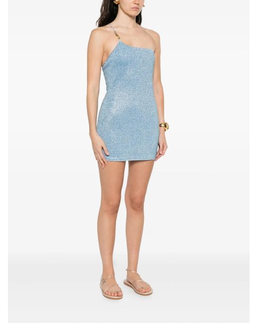 Oseree Blue Chain-Embellished One-Shoulder Dress