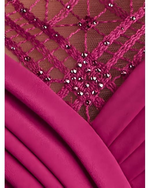 Tadashi Shoji Purple Plissiertes Abendkleid Mit Spitzenschultern