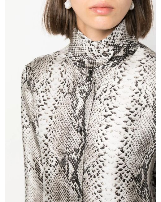 Alberto Biani Brown Snakeskin-Print High-Neck Silk Shirt