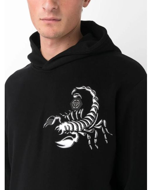 Philipp Plein Black Scorpion Appliqué-Detail Cotton Hoodie for men