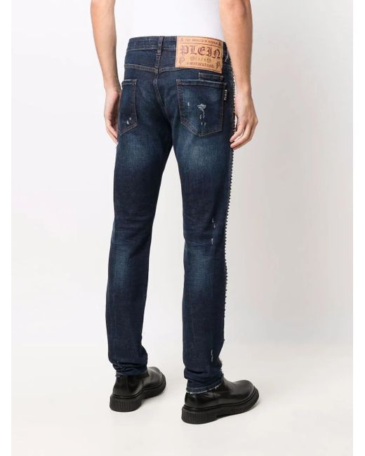 Philipp Plein Blue Distressed Dark Straight Jeans With Metallic Accents for men