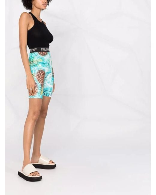 Philipp Plein Blue Pineapple Stones Stones Cycling Shorts