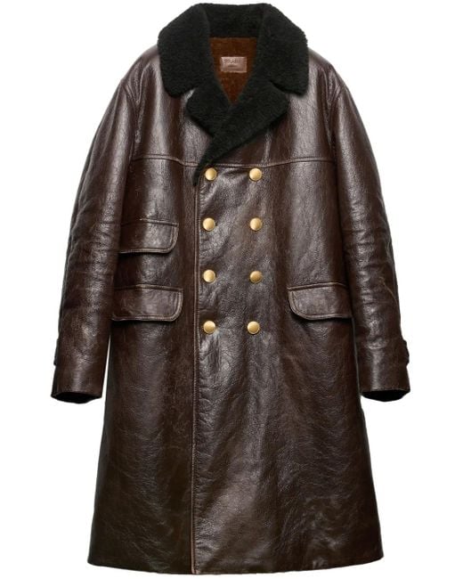 Prada Black Double-Breasted Leather Coat for men